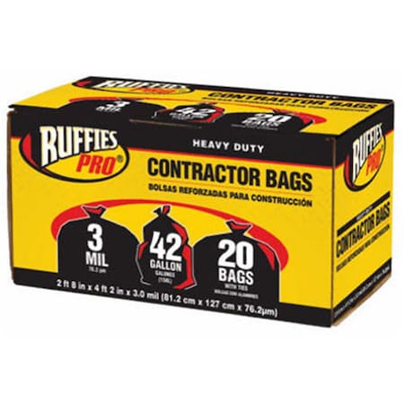 Berry Plastics 1190270, 42 Gallon, Black Contractor Bag, 20PK BE576392